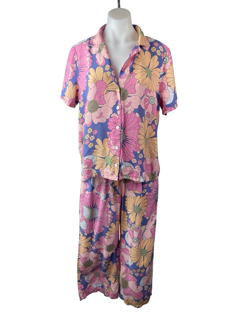 Zudio Women's Multicolor Floral Button Up Shirt Pants Sleepwear Pajama Set M/L